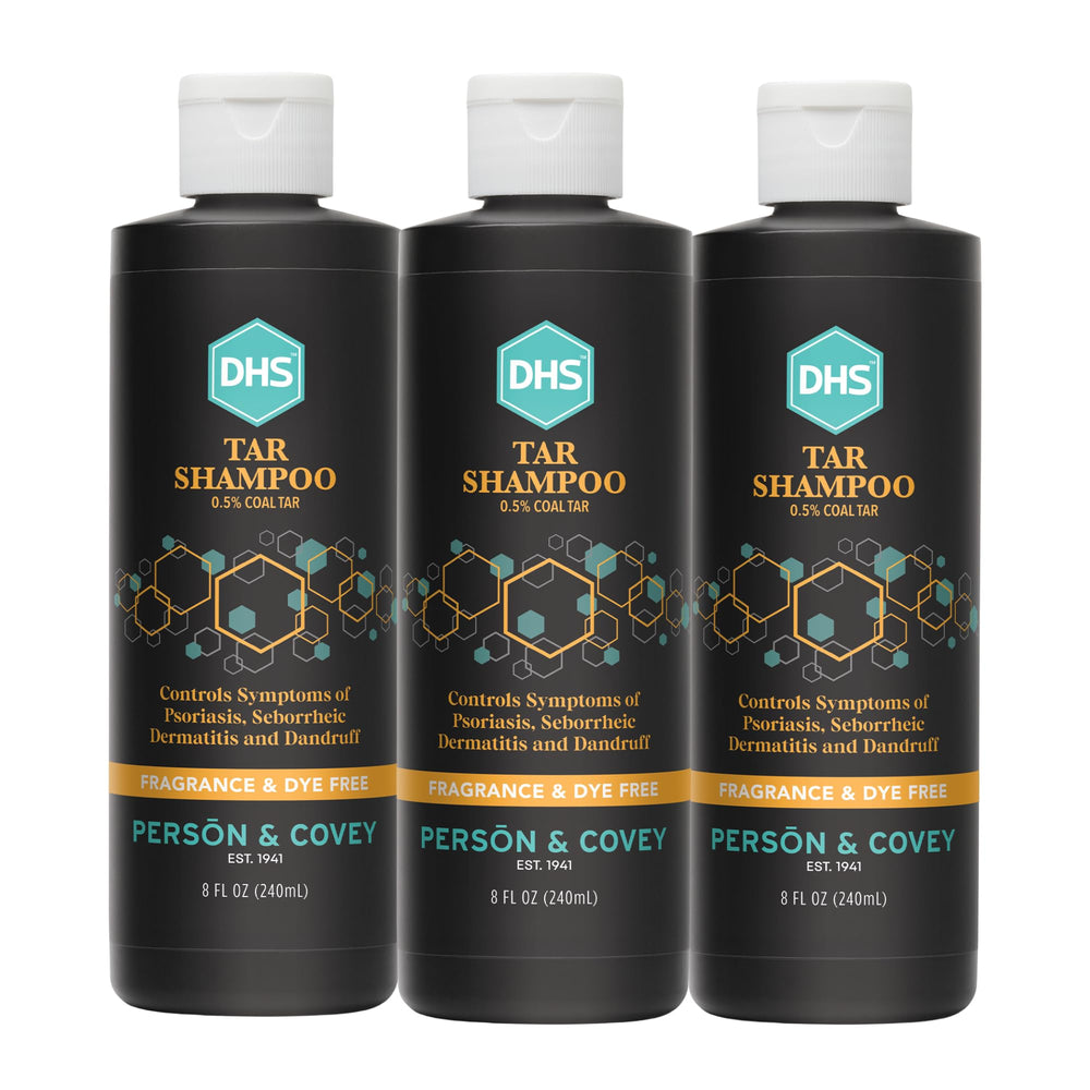 DHS coal tar shampoo bottle shown for dandruff and itchy scalp relief.