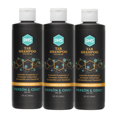 DHS coal tar shampoo bottle shown for dandruff and itchy scalp relief.