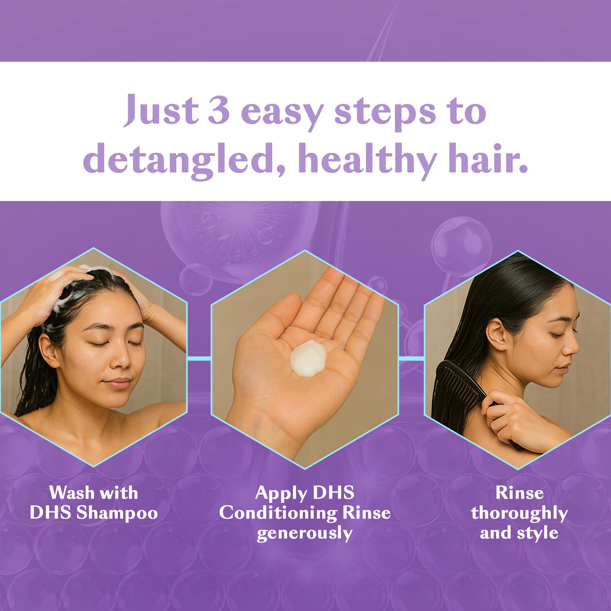 Hair section being treated with DHS Conditioning Rinse for detangling.