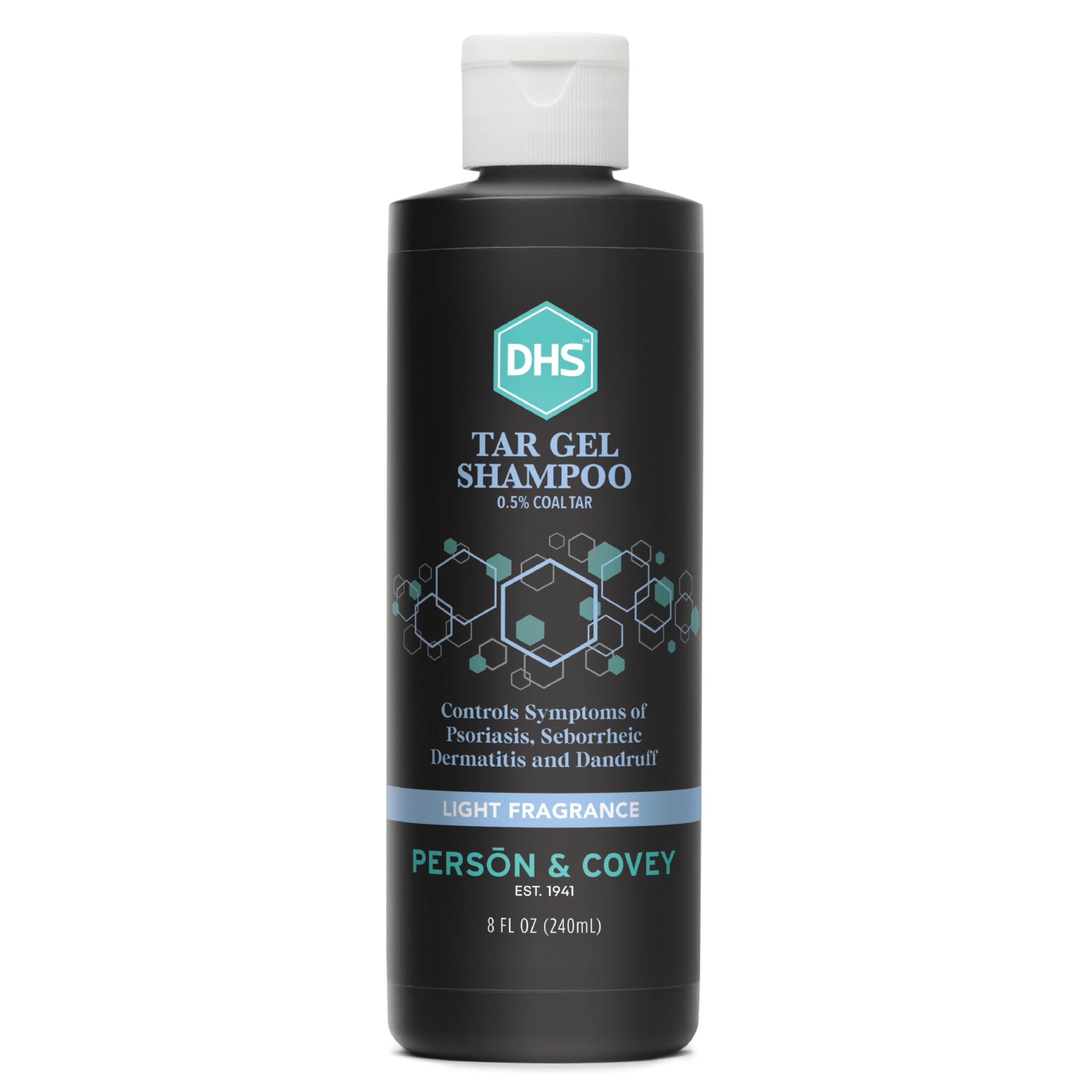 DHS T Gel Shampoo bottle highlighting refined coal tar for deep scalp cleansing.