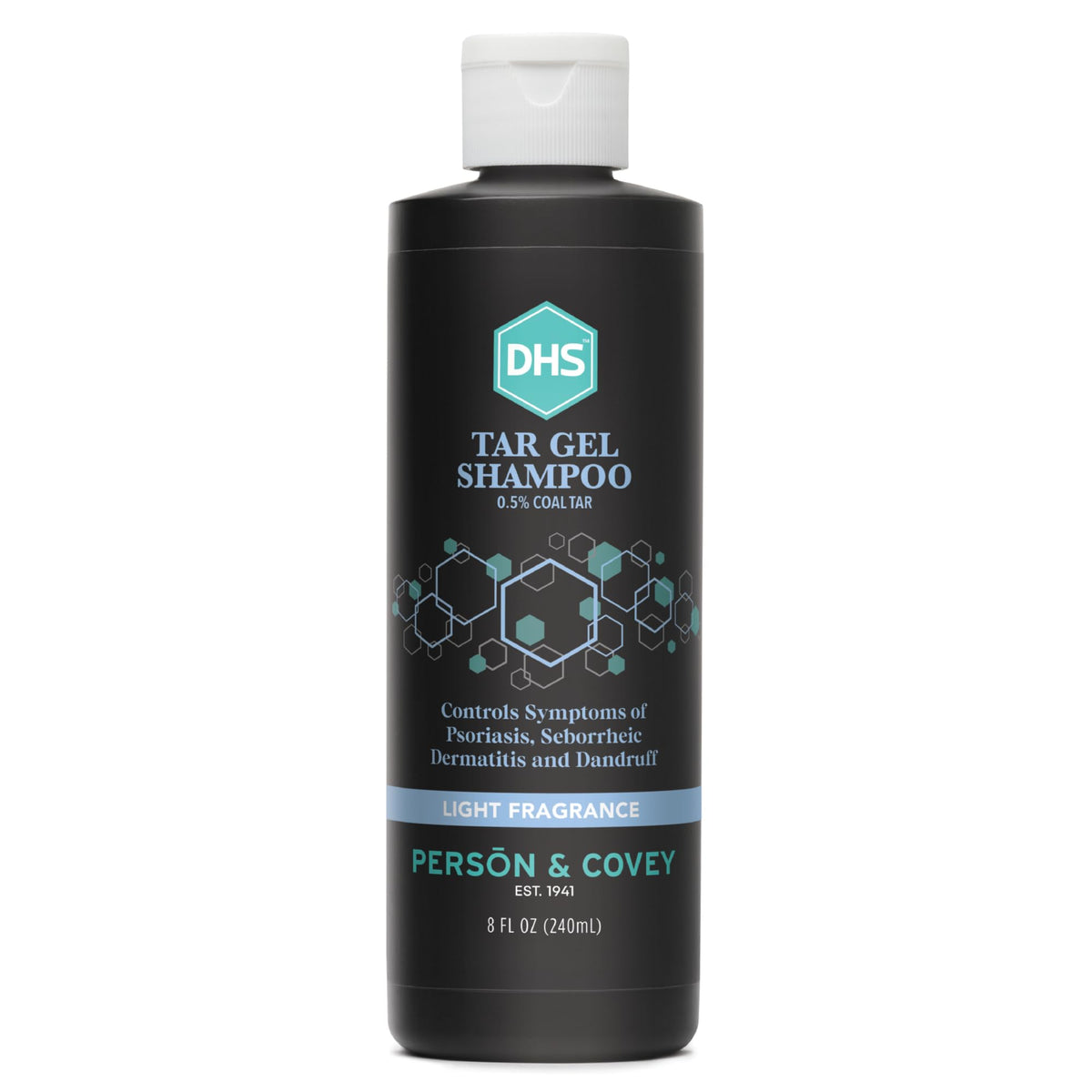 DHS T Gel Shampoo bottle highlighting refined coal tar for deep scalp cleansing.