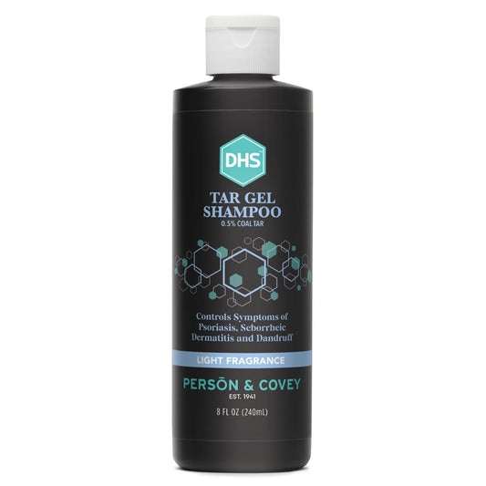 DHS T Gel Shampoo bottle highlighting refined coal tar for deep scalp cleansing.