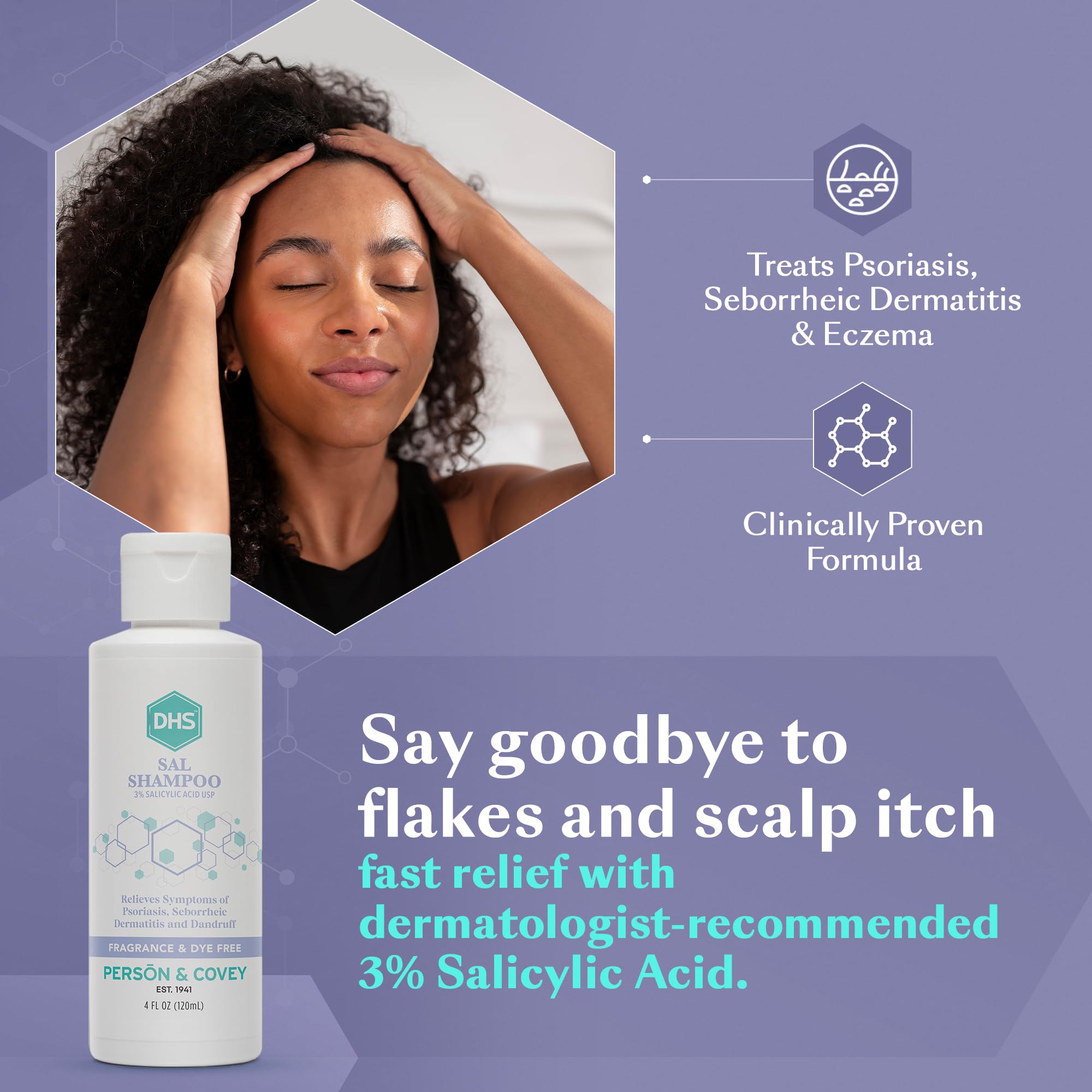 DHS SAL Shampoo bottle close-up highlighting salicylic acid for scalp care.