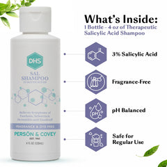 DHS SAL Shampoo applied to wet hair targeting flaky scalp and oil balance.