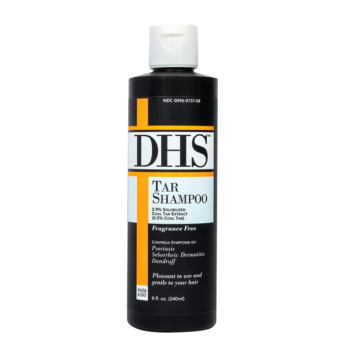 DHS Tar Shampoo bottle front view highlighting unscented formula for gentle scalp care