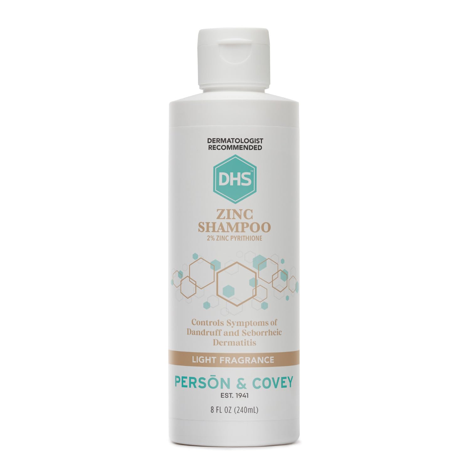 DHS Zinc Shampoo bottle front showing 8 oz size for regular scalp care against flakes