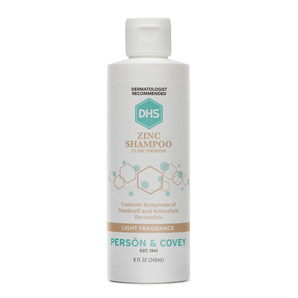 DHS Zinc Shampoo bottle front showing 8 oz size for regular scalp care against flakes