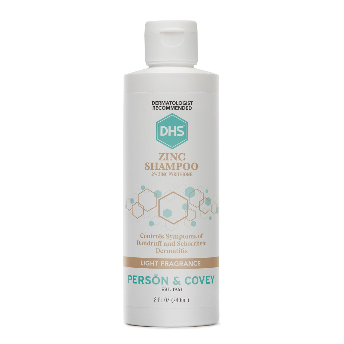DHS Zinc Shampoo bottle front showing 8 oz size for regular scalp care against flakes
