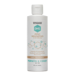 DHS Zinc Shampoo bottle front showing 8 oz size for regular scalp care against flakes
