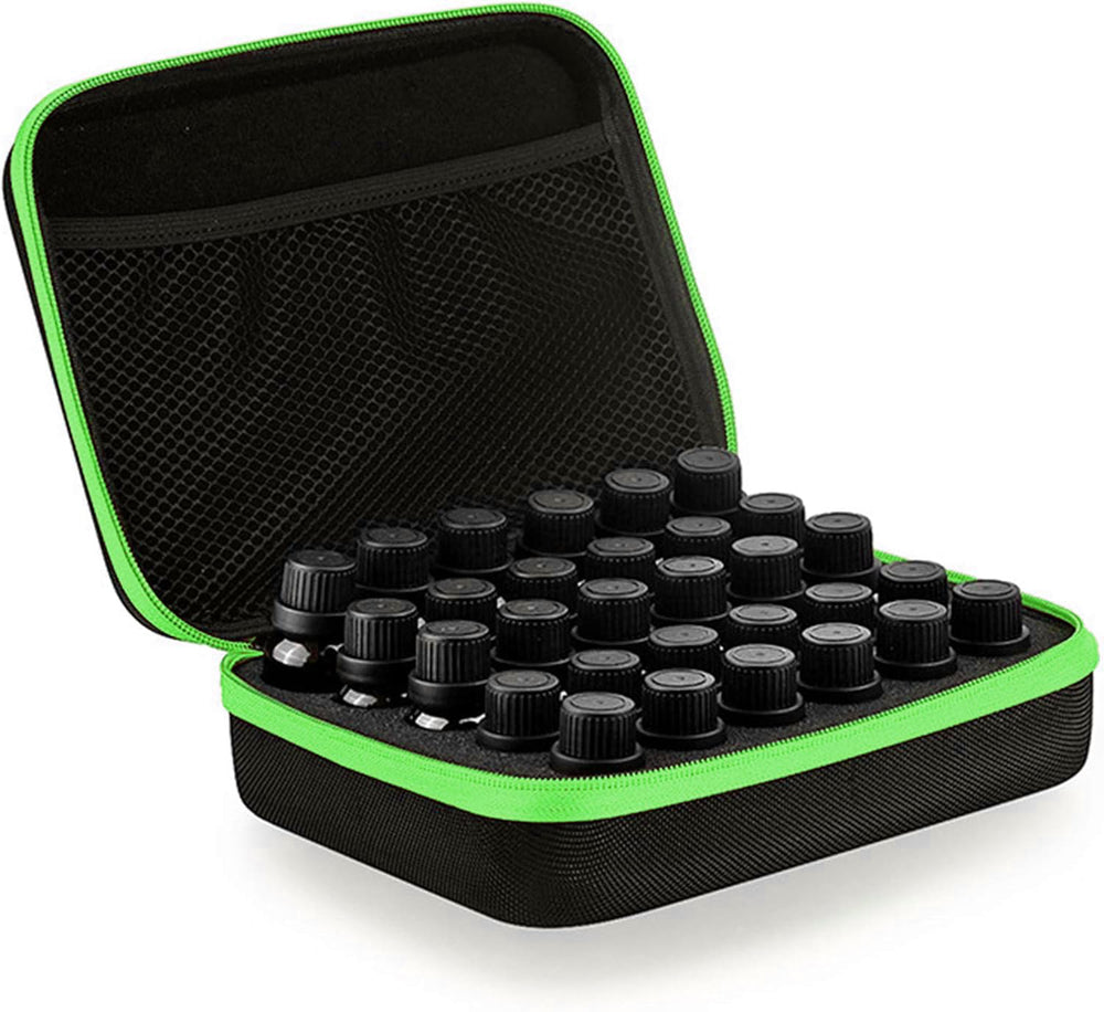 DHXYZZB essential oils case front view shows organized compartments for multiple bottle sizes