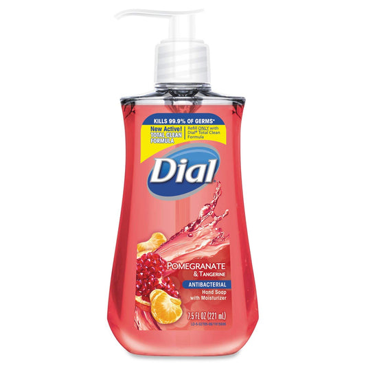 Dial antimicrobial liquid soap in a pump bottle for everyday hand cleansing with fruity scent.