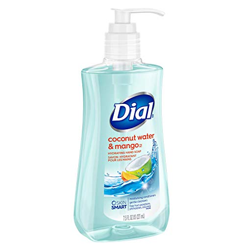 Dial Coconut Water Mango bottle on countertop in bright kitchen or bath.