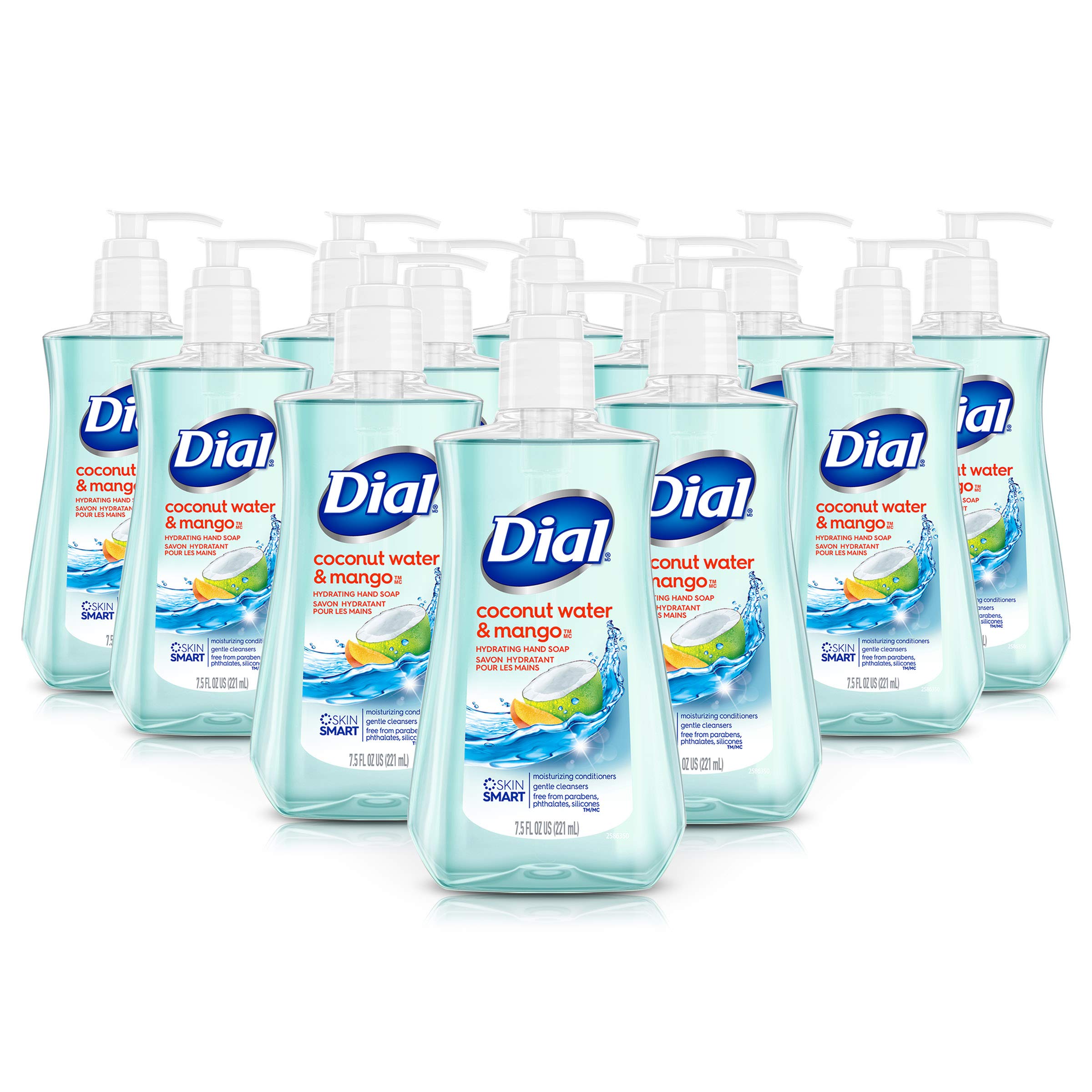 Dial Coconut Water Mango hand soap bottle showing tropical fragrance for daily cleansing.