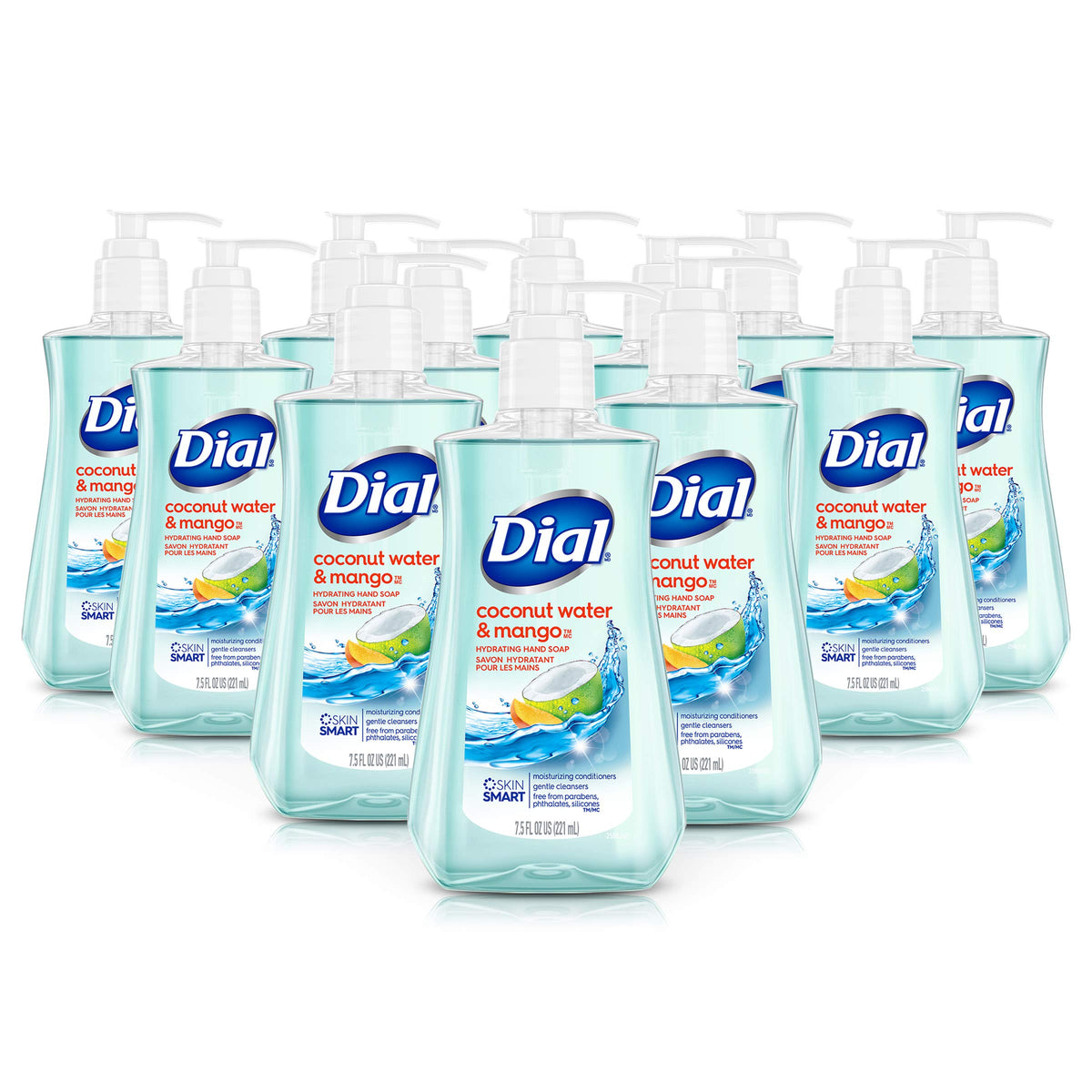 Dial Coconut Water Mango hand soap bottle showing tropical fragrance for daily cleansing.