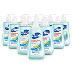 Dial Coconut Water Mango hand soap bottle showing tropical fragrance for daily cleansing.