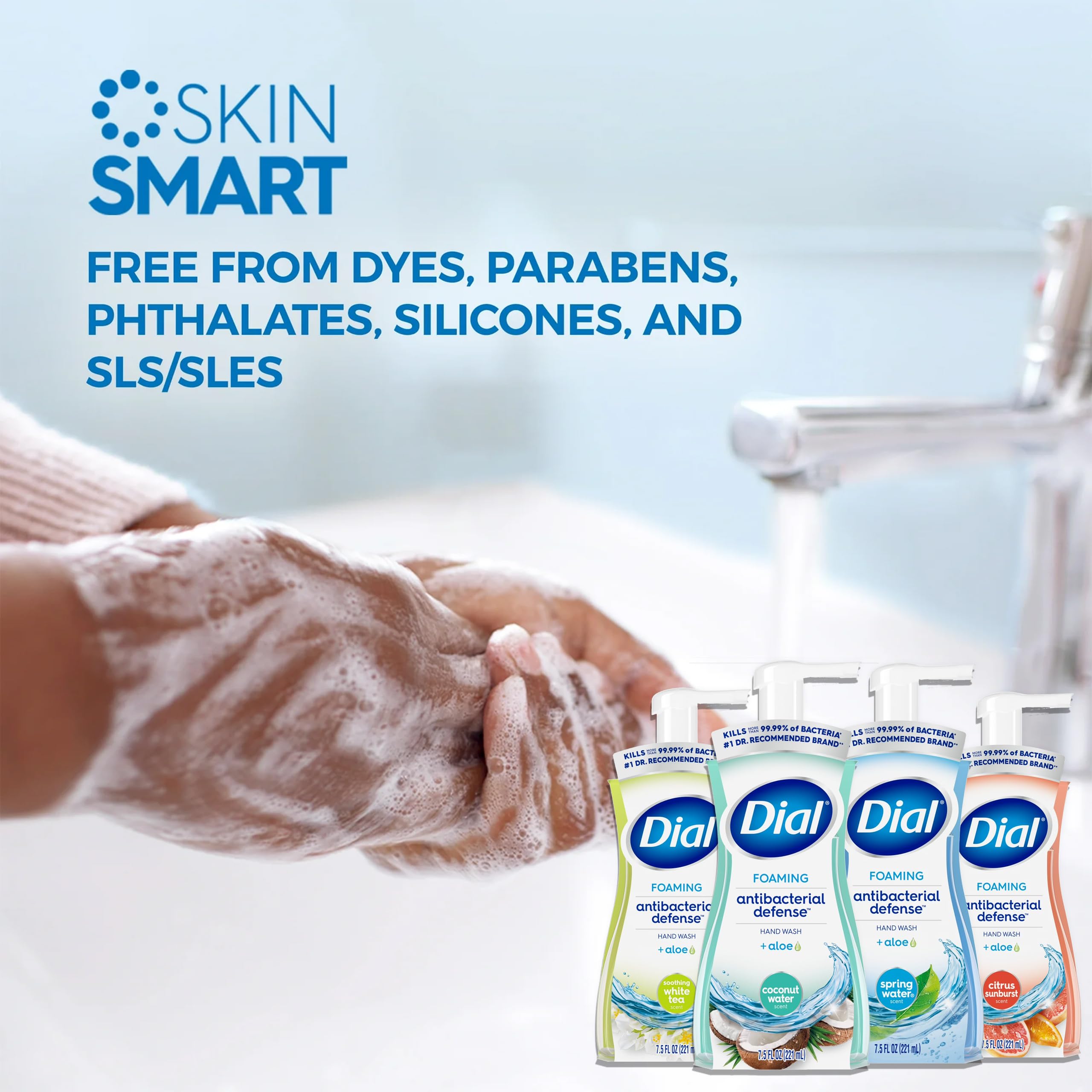 Dial Complete foaming hand wash assorted scents in four bottles.