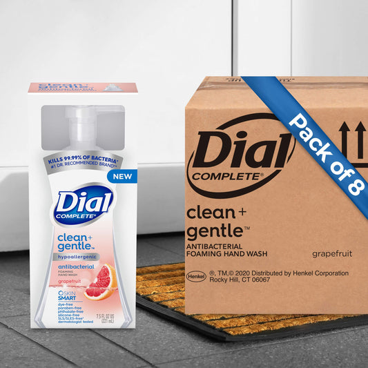 Dial Complete foaming hand wash pump action demonstrates easy, mess-free dispensing.