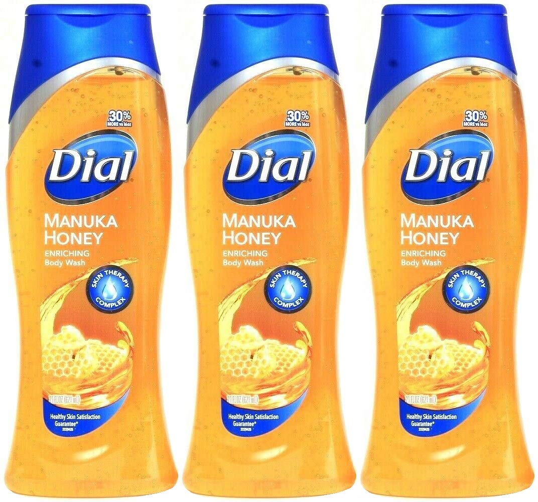 Dial Manuka Honey Enriching Body Wash bottle pouring, skin refreshed and softly scented.