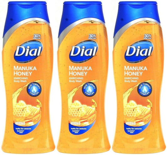 Dial Manuka Honey Enriching Body Wash bottle pouring, skin refreshed and softly scented.