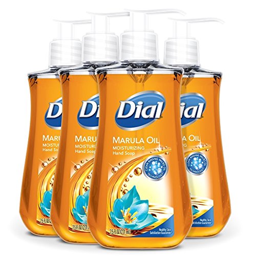 Dial Marula Oil hand soap bottle front view showing clear branding and moisturizing benefits.