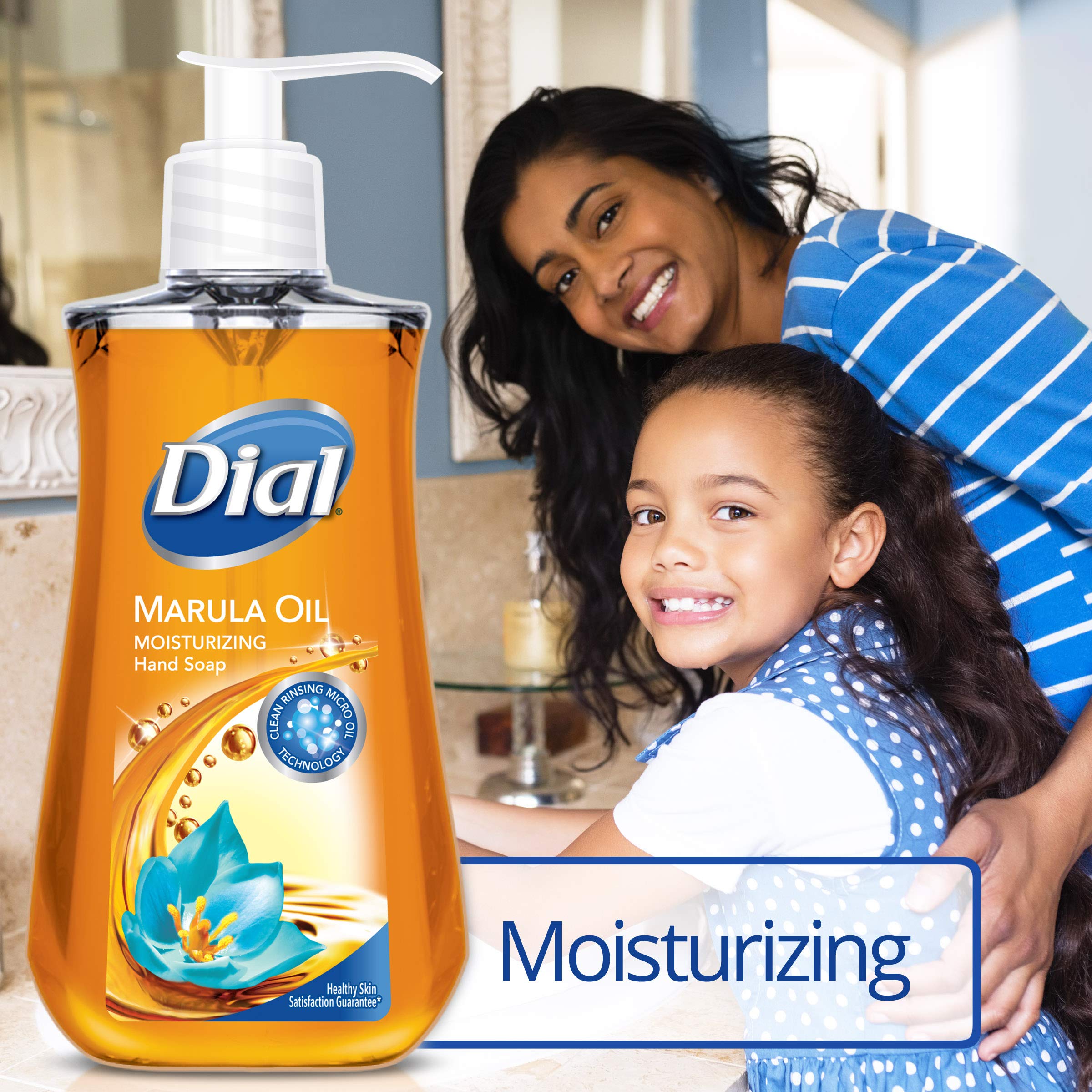 Dial Marula Oil hand soap label closeup showcasing marula oil benefits and gentle cleansing.