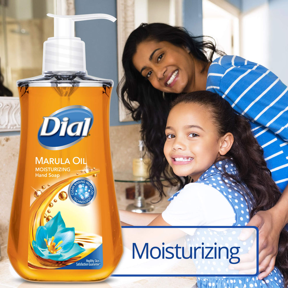 Dial Marula Oil hand soap label closeup showcasing marula oil benefits and gentle cleansing.
