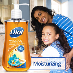 Dial Marula Oil hand soap label closeup showcasing marula oil benefits and gentle cleansing.