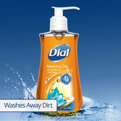 Dial Marula Oil hand soap lather on hands demonstrating smooth, moisturizing cleanse.