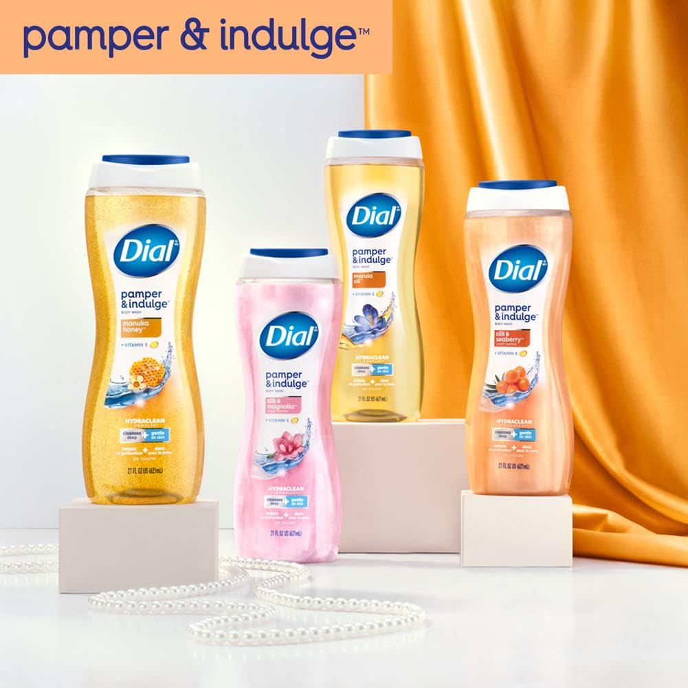 Dial Pamper & Indulge Silk & Seaberry label detail signals premium care