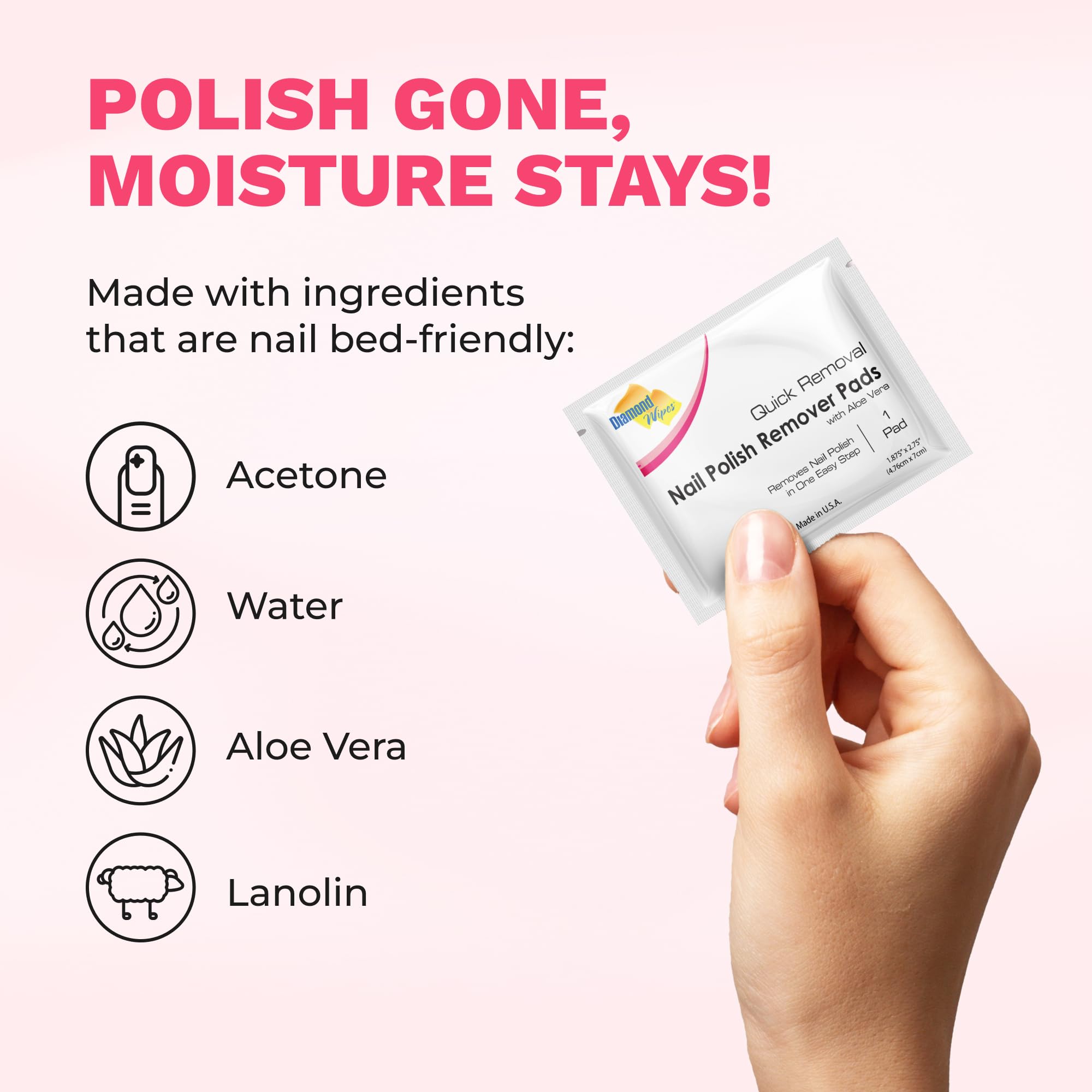 Diamond Wipes pad close-up with aloe vera provides gentle moisture.