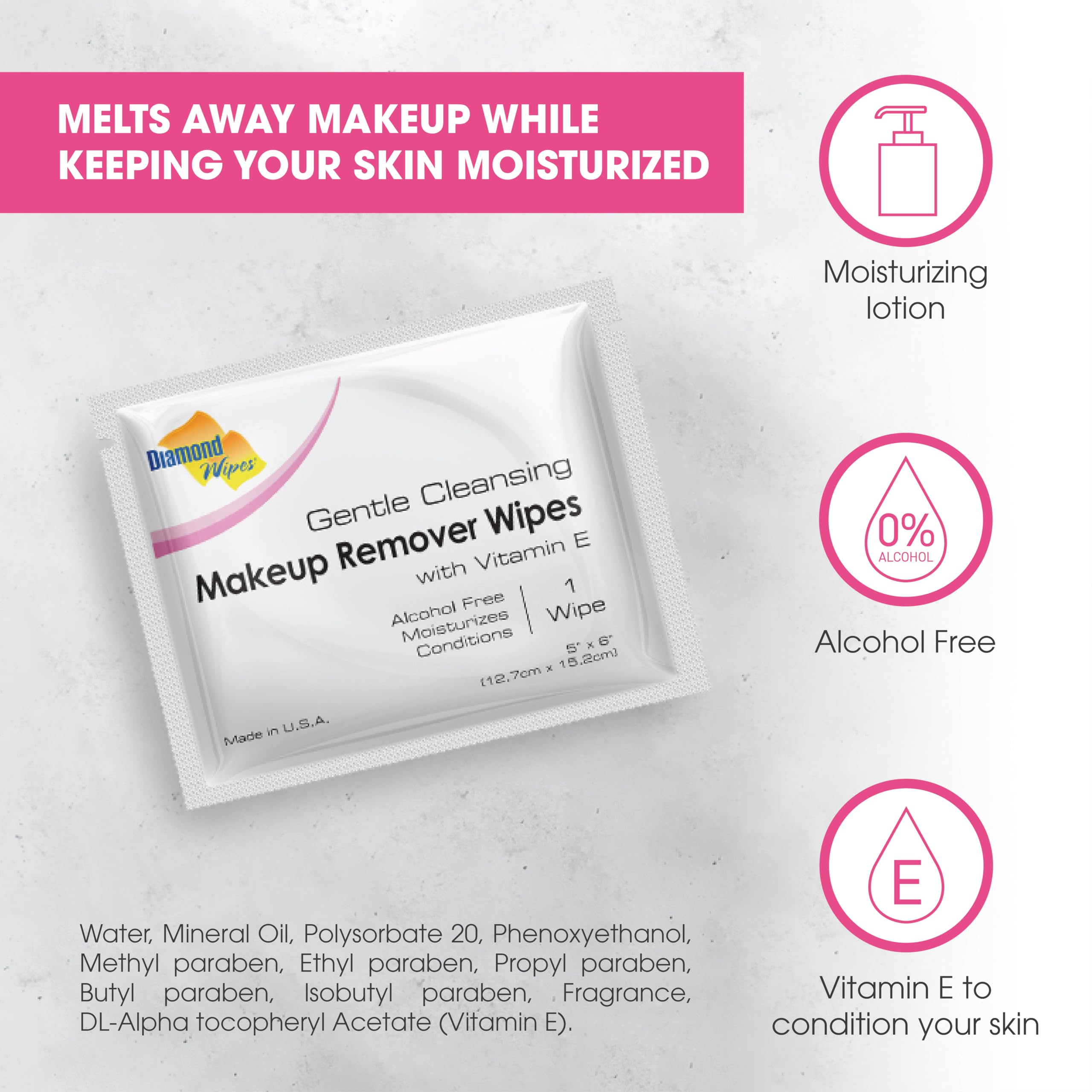 Diamond Wipes vitamin E moisturizing action helps nourish skin after cleansing.