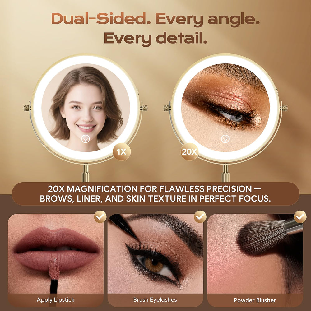 Dienmern lighted makeup mirror powered by a 5000mAh battery for cordless use.