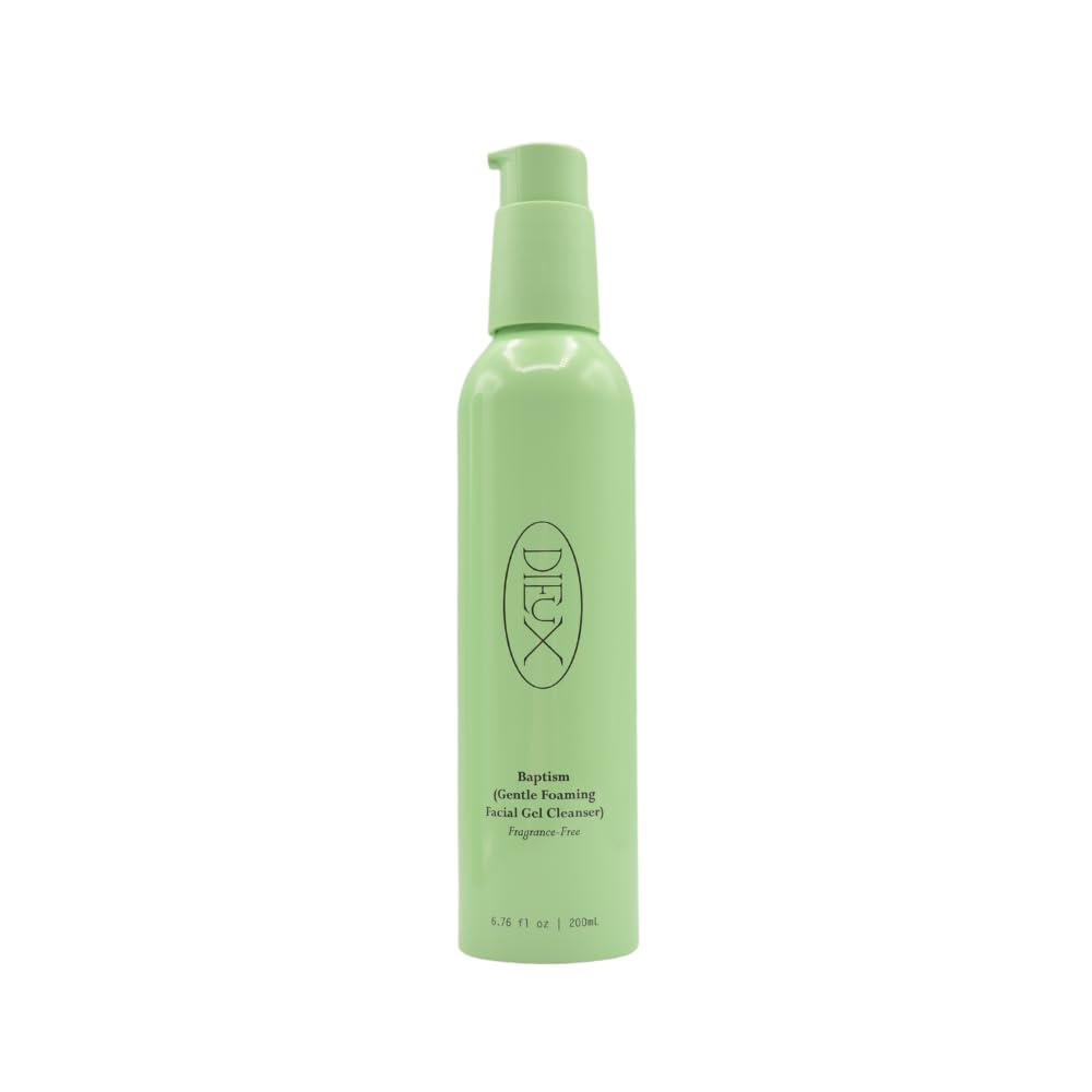 Dieux Baptism gentle foaming facial gel cleanser bottle, fragrance-free and suitable for sensitive skin.
