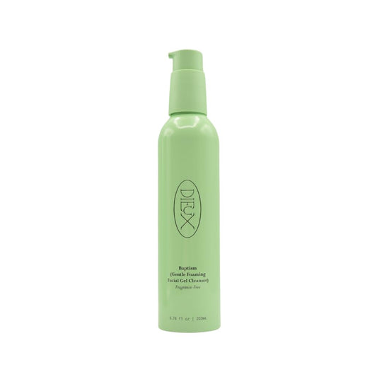 Dieux Baptism gentle foaming facial gel cleanser bottle, fragrance-free and suitable for sensitive skin.
