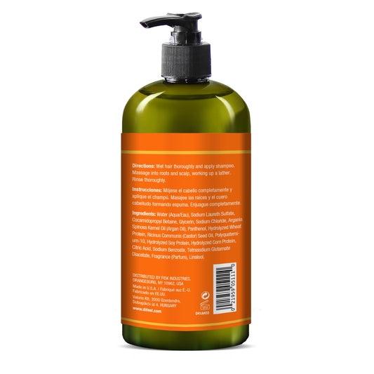 Difeel Argan Hydrating Shampoo label close-up shows natural ingredients and sulfate-free design