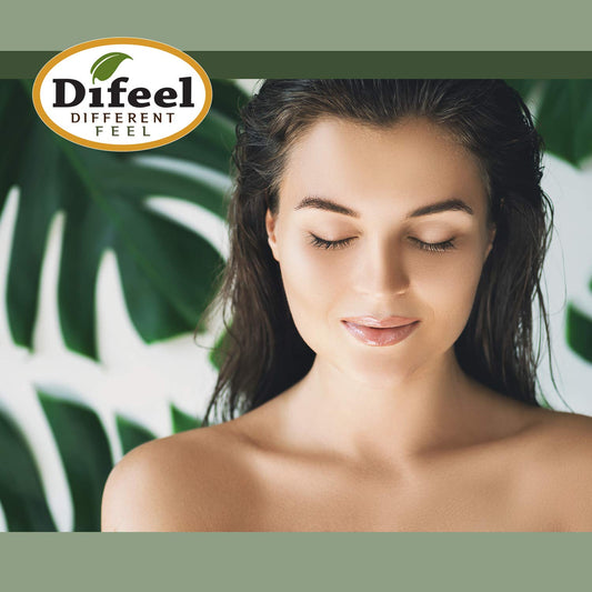Difeel Argan Oil dropper highlights frizz control and shine.