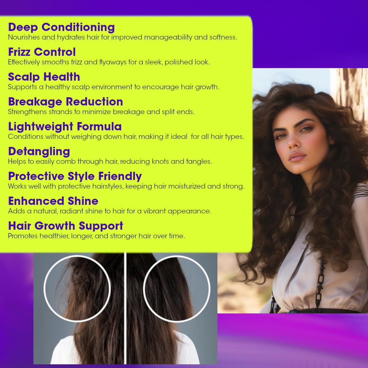 Difeel before and after hair results showing reduced frizz and shine