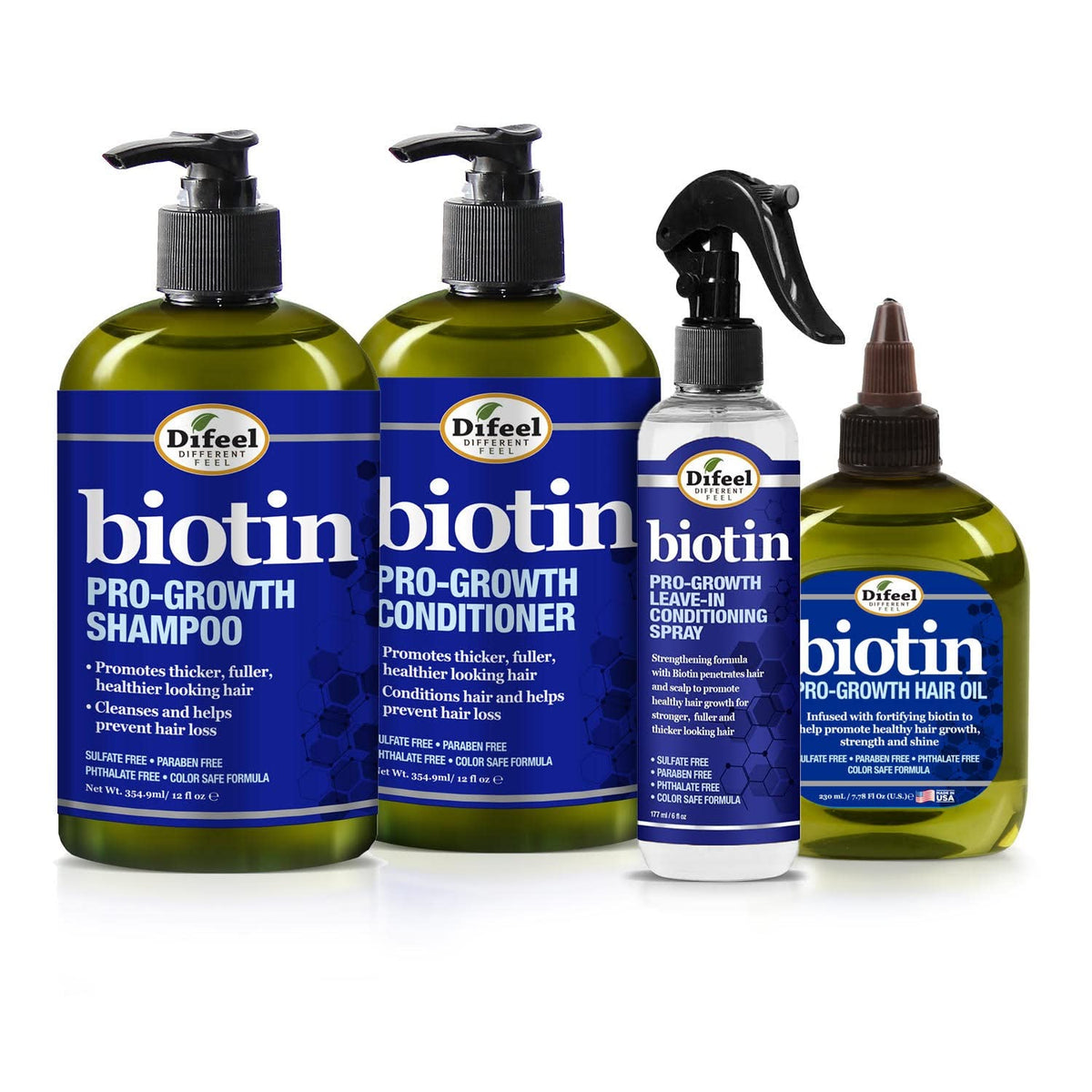 Difeel Biotin Pro-Growth Shampoo 12 oz bottle for daily cleansing and scalp refresh.