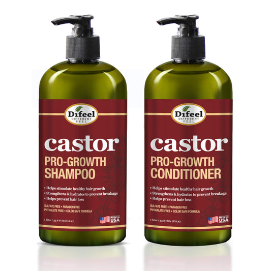 Difeel Castor Pro-Growth Conditioner bottle pump nourishes and helps minimize breakage for smoother hair.