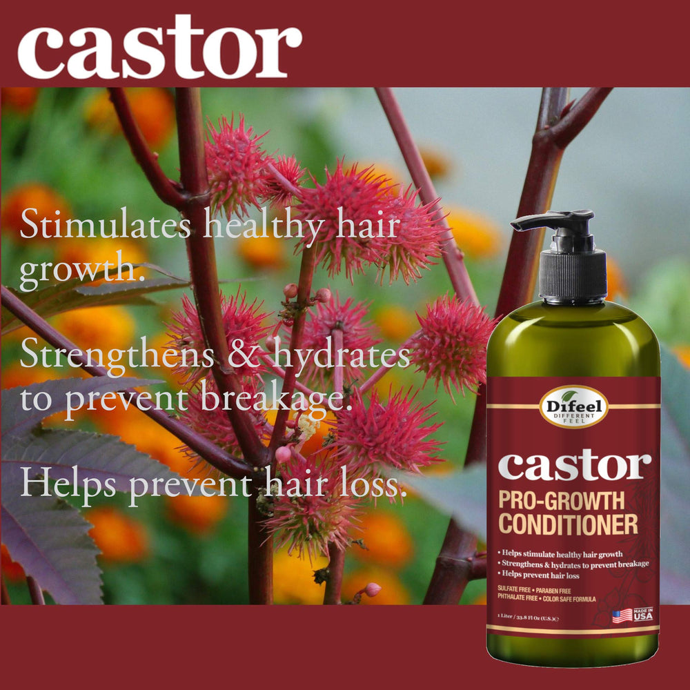 Difeel Castor Pro-Growth Conditioner label closeup notes dye- and mineral oil-free ingredients.
