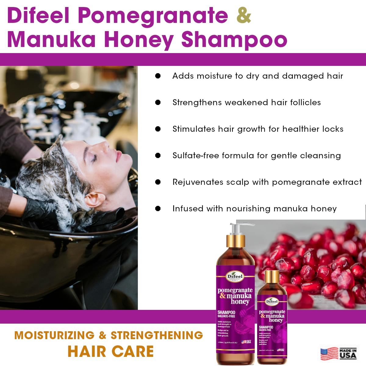 Difeel shampoo on hair strands shows strengthened feel after washing.