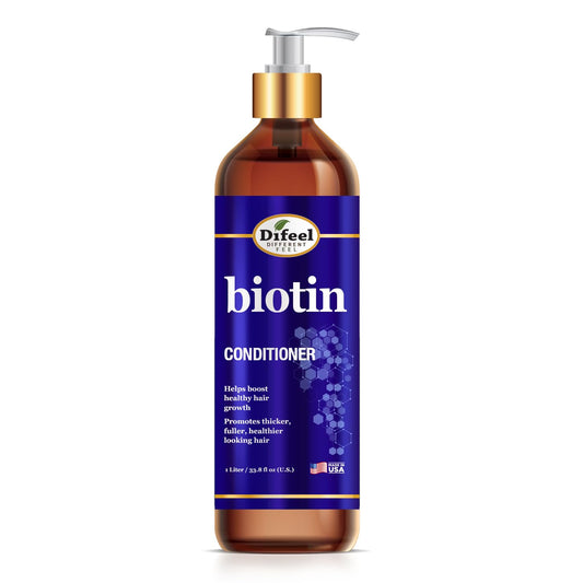 Difeel Elevated Biotin Conditioner bottle pour enables easy application on thinning hair.