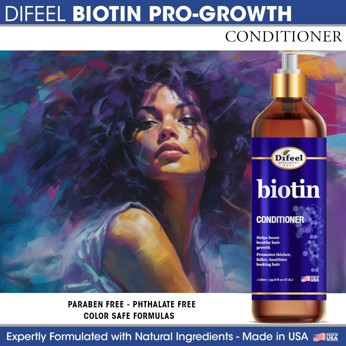 Difeel Elevated Biotin Conditioner carton on bathroom shelf signals color-safe care.