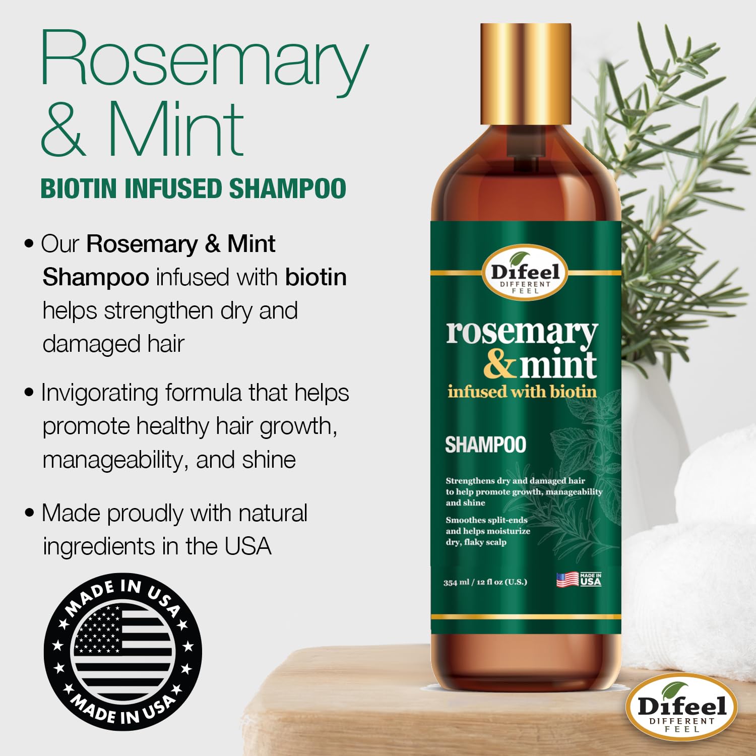 Label close-up of Difeel Elevated Rosemary Mint Shampoo emphasizing biotin