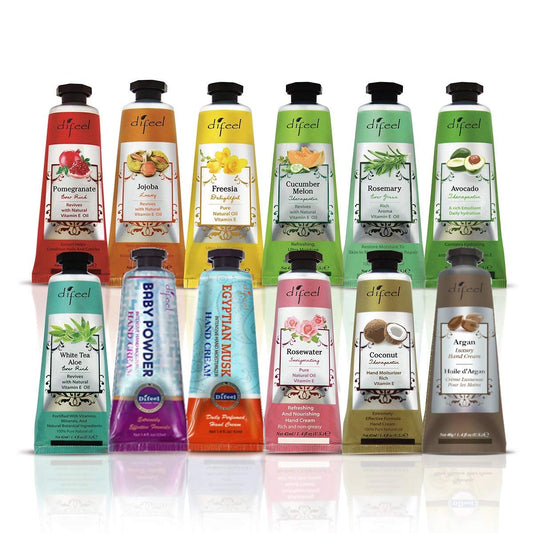 Difeel luxury hand creams collection pack bottle display highlighting hydration