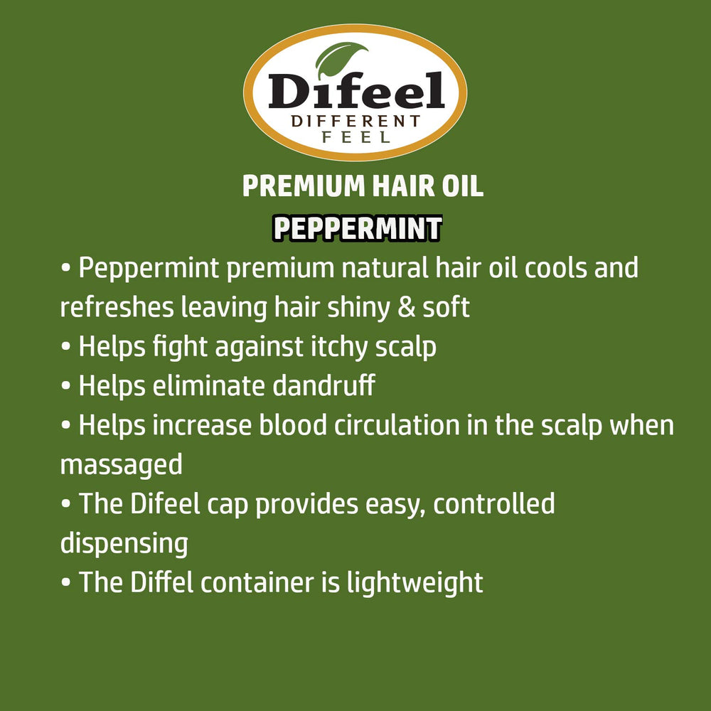 Difeel peppermint oil bottle pour demonstrates easy application for scalp and hair refreshment