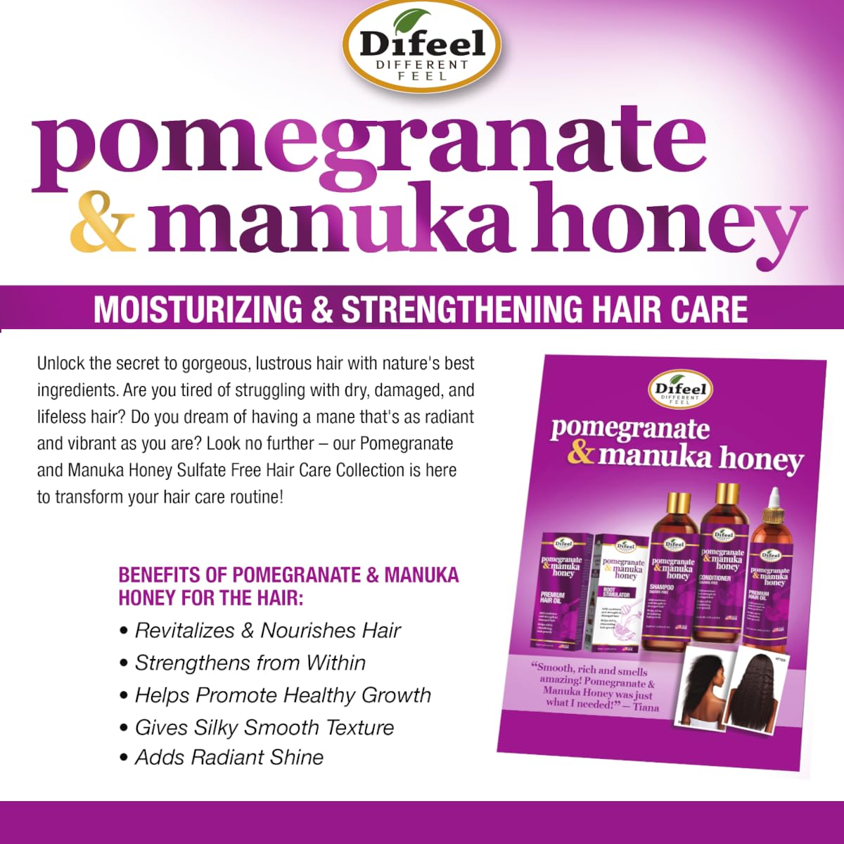 Difeel Pomegranate & Manuka Honey Hair Oil drops close-up showing gloss