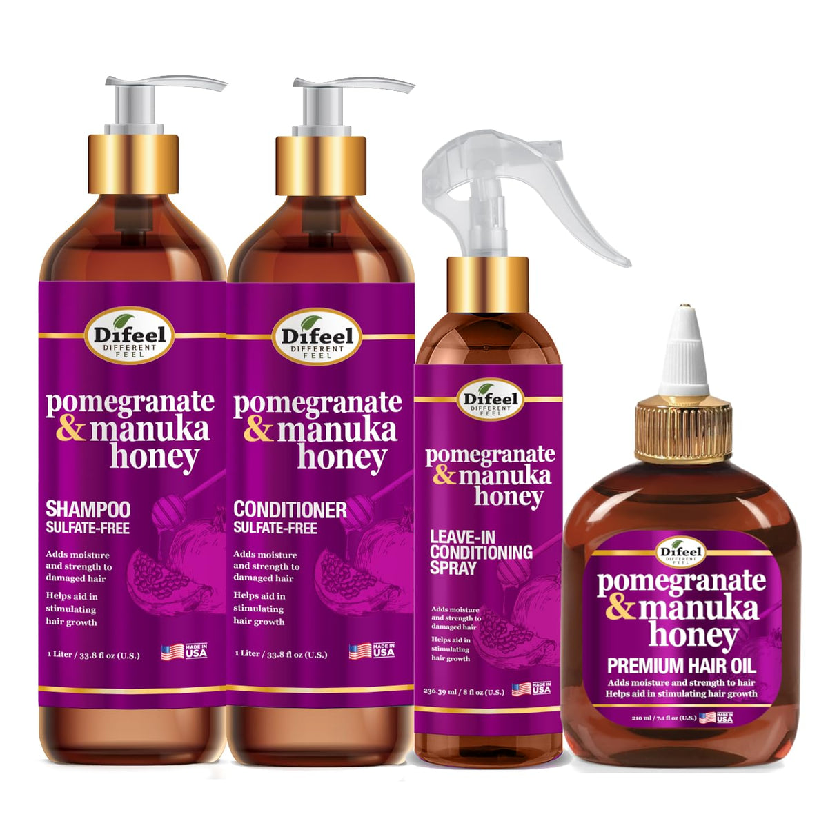 Difeel Pomegranate & Manuka Honey Shampoo bottle delivering deep hydration for hair
