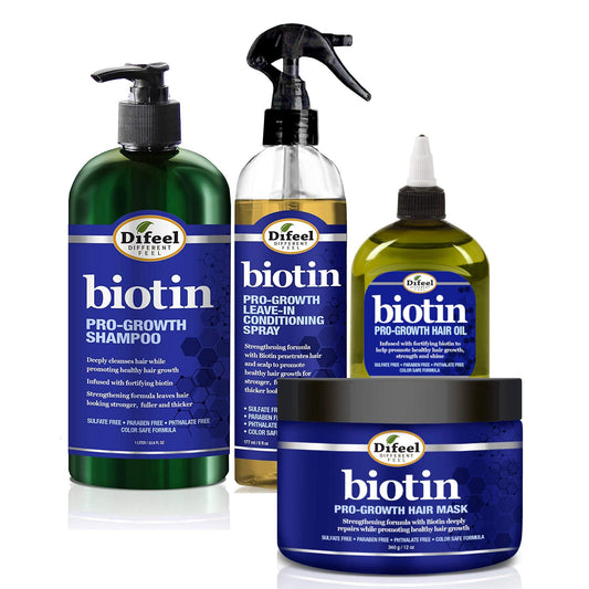 Difeel Pro-Growth Biotin Shampoo bottle front for healthy hair growth and fullness.