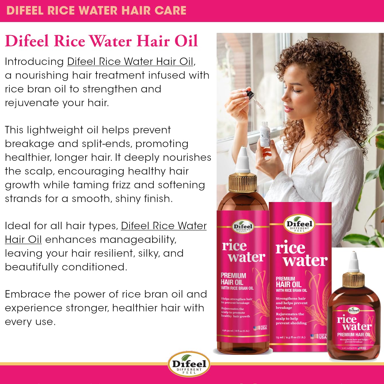 Difeel Rice Water Hair Oil applying on strands for frizz control and shine.